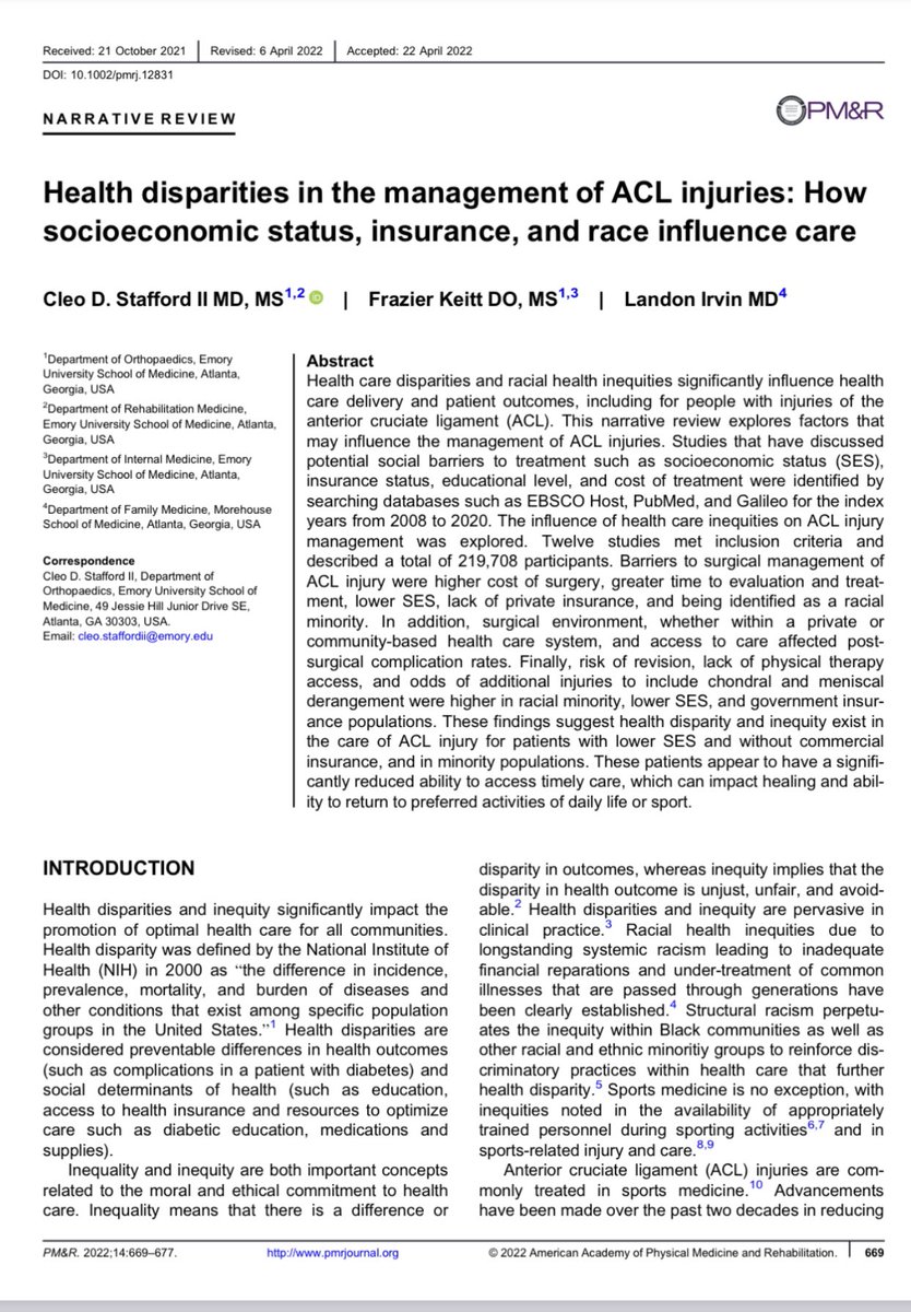 🚨🚨🚨New paper alert!🚨🚨🚨Huge thanks and appreciation to my co-authors Frazier (@docfray2014) and Landon for helping produce this important work! Special thanks to the <a href="/PMRJournal/">PM&R Journal</a> in collaboration with @theAMSSM for accepting our manuscript! #sportsmedicine #healthdisparities
