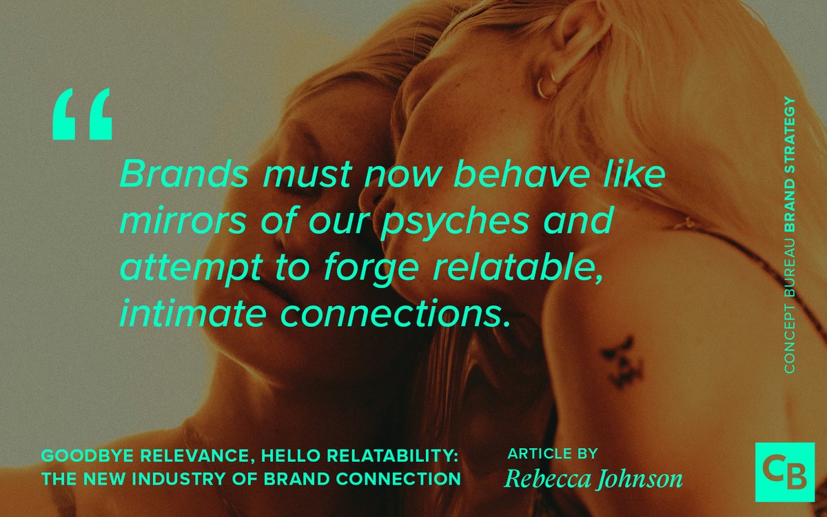 Brand relevance is being supplanted by brand relatability. Its the difference between mattering in the moment (easy, concrete) and making people feel things (hard, abstract). Read our newest article where <a href="/becnjohnson/">Rebecca Johnson</a> breaks it down here: conceptbureau.com/goodbye-releva… #brand #marketing