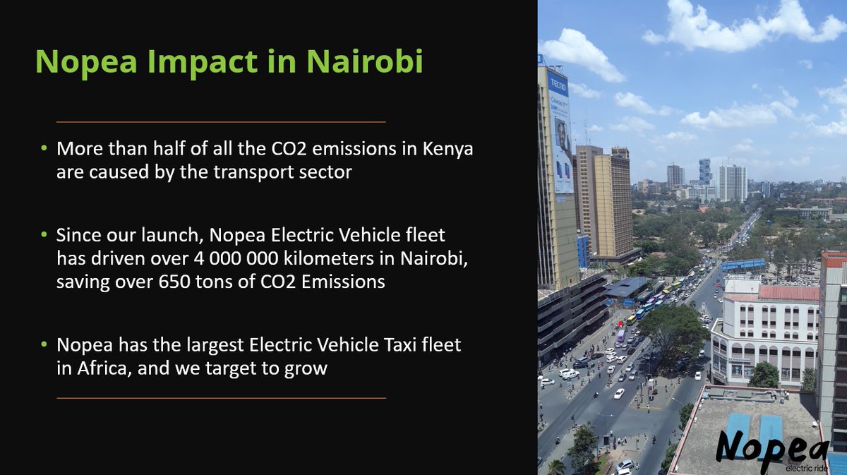 Since our launch in Nairobi, Nopea Electric Vehicle fleet has driven over 4 000 000 kilometers saving over 650 tons of CO2 Emissions⚡️🚕🌞
#wedonthavetime #electricvehicle <a href="/PIDGorg/">PIDG</a> <a href="/InfracoAfrica/">PIDG Project Development – Africa (InfraCo)</a>  <a href="/BusinessFinland/">Business Finland</a> <a href="/atmosfair/">atmosfair gGmbH</a> #cleanmobility #cleanenergy #RaceToZero  #Stockholm50
