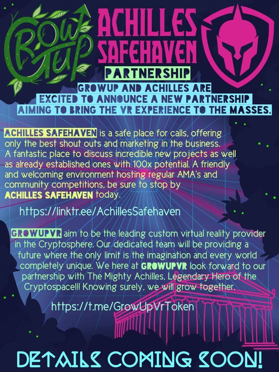 BSC_GrowUp's tweet photo. 🎉We are proud to announce our partnership with the mighty ACHILLES!! 

we'll be building him a custom VR suite to host his AMAs

very bullish news for both GrowUp and Achilles safe havens calls 🎉 https://t.co/OBDnm4gyyq