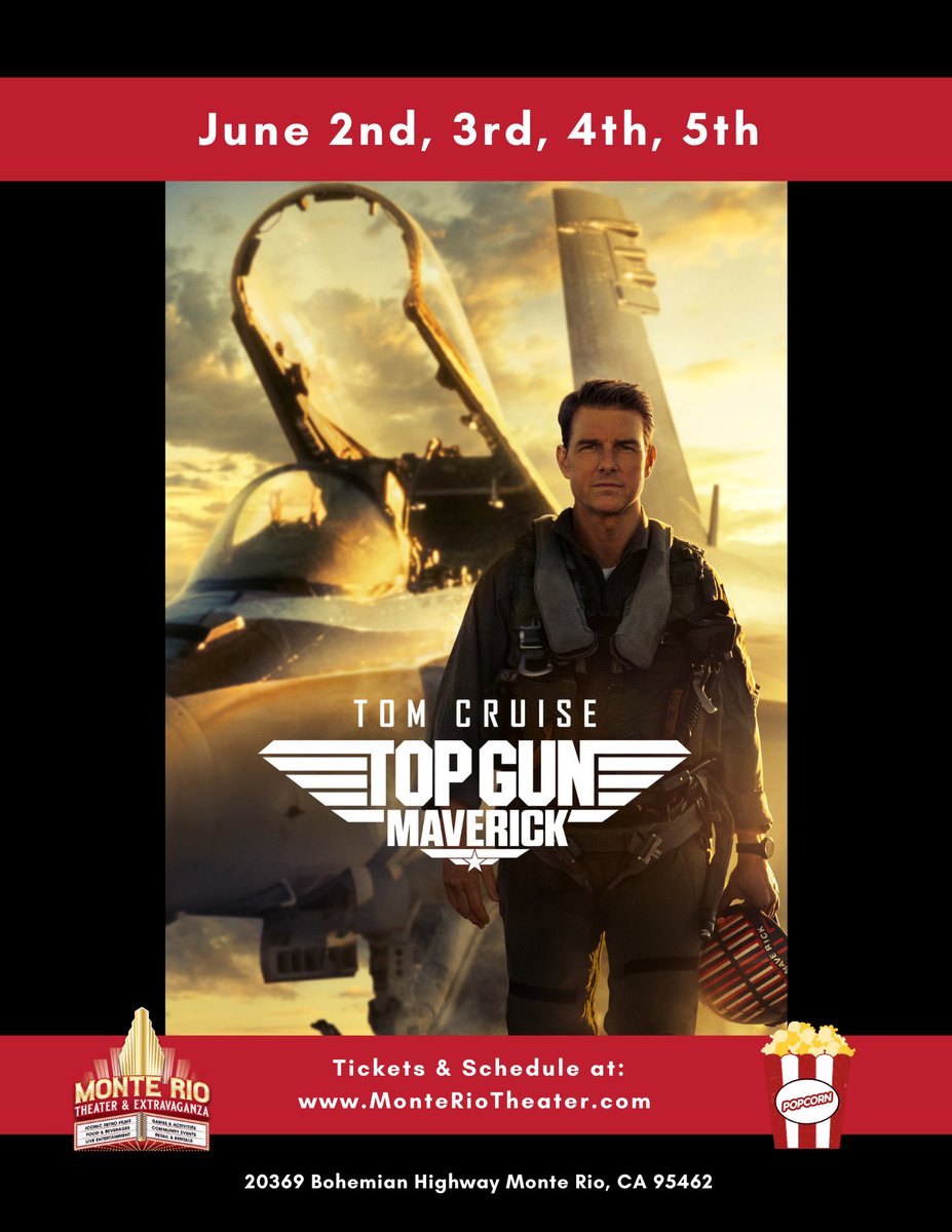 Top Gun: Maverick round two screenings begin TONIGHT!!! 🤩🎥🍿🎬🔥

Thursday, June 2nd at 7 PM
Friday, June 3rd at 7 PM
Saturday, June 4th at 7 PM
Sunday, June 5th at 5 PM

Tickets and Information are available at monteriotheater.com

#topgun #tomcruise #topgunmaverick