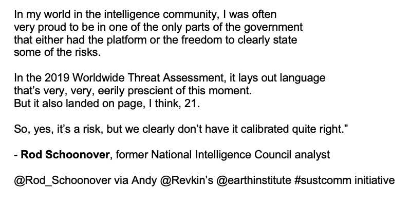 Revkin's tweet photo. Can we move from prescience to true preparedness &amp; responsiveness? Explored on #sustainwhat with @RodSchoonover @Alice_C_Hill - aka the "page 21 effect" (experts note threats, deciders acknowledge, &amp; all move on) Again today, 4:30 ET @ianbremmer @burkese!> https://t.co/jDOECvwWvC https://t.co/6Vk7eIjGwk