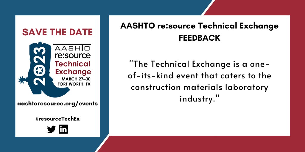 aashtoresource's tweet photo. SAVE THE DATE: #resourceTechEx, March 27-30, 2023 in Fort Worth, TX!
FEEDBACK: "The Technical Exchange is a one-of-its-kind event that caters to the construction materials laboratory industry."
https://t.co/JrZRs8pZ2i https://t.co/yUX0NU0Nbx
