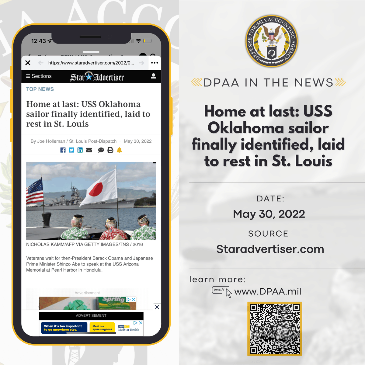 dodpaa's tweet photo. After 80yrs away from his home of #StLouis #Navy Sailor Paul Boemer is finally returned from Hawaii. #DPAA's #USSOklahomaProject, based out of #OffuttAirForceBase in #Nebraska, aimed to name as many unknown crewmen as possible. 355 of the 389 unknown sailors are currently ID'd. https://t.co/7LnqEEk0vG