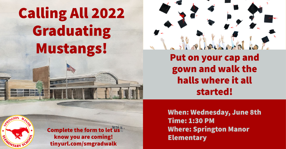 Calling all 2022 graduating Mustangs! Sign up to walk the halls in your cap and gown on June 8th. Note the time change! tinyurl.com/smgradwalk