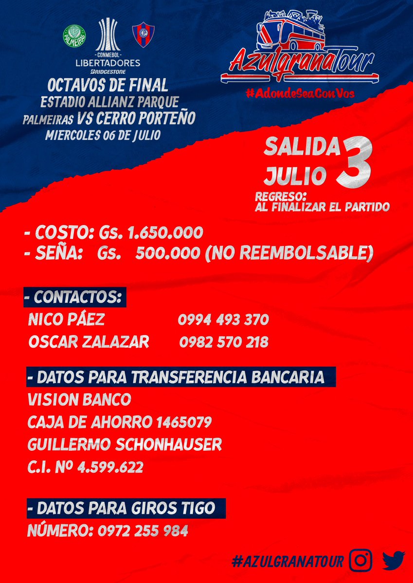 Seguimos con lugares disponibles 💺💺💺💺💺💺💺💺💺💺💺💺
un tremendo grupo te espera para otro gran desafío de la Copa <a href="/Libertadores/">CONMEBOL Libertadores</a> 🏆
Consultas, sobre nuestros servicios 👇🏻👇🏻👇🏻
<a href="/darioguillenz/">rubén dario 🌱</a> 
@Nicopaez_1 
<a href="/Oscarzalazar90/">Oscar Zalazar 🇵🇾</a> 
<a href="/pipo_32/">G u i l l e S c h o n h a u s e r</a>
#VamosCerroPorteño🇭🇹