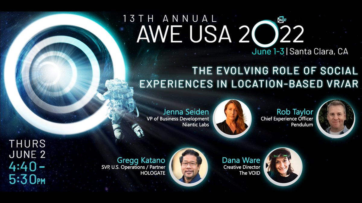 I hope to see you at #AWE2022 TODAY, Thursday, June 2nd, 4:40p-5:30p in Grand Ballroom G for our panel...'The Evolving Role of Social Experiences in Location-Based VR / AR' with Jenna Seiden, Niantic Labs • Dana Ware, The Void • Rob Taylor, Pendulum • ...and yours truly. 😉
