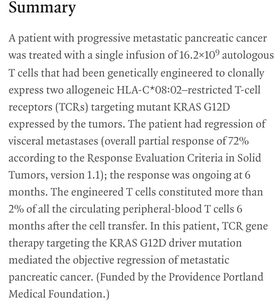PDRennert's tweet photo. N=1 but an outstanding result in a very tough cancer using T cells targeting #KRASG12D, @NEJM
https://t.co/e5BNDAv7rJ
#TCRTcells
#PancreaticCancer https://t.co/3Gfaj69QM2
