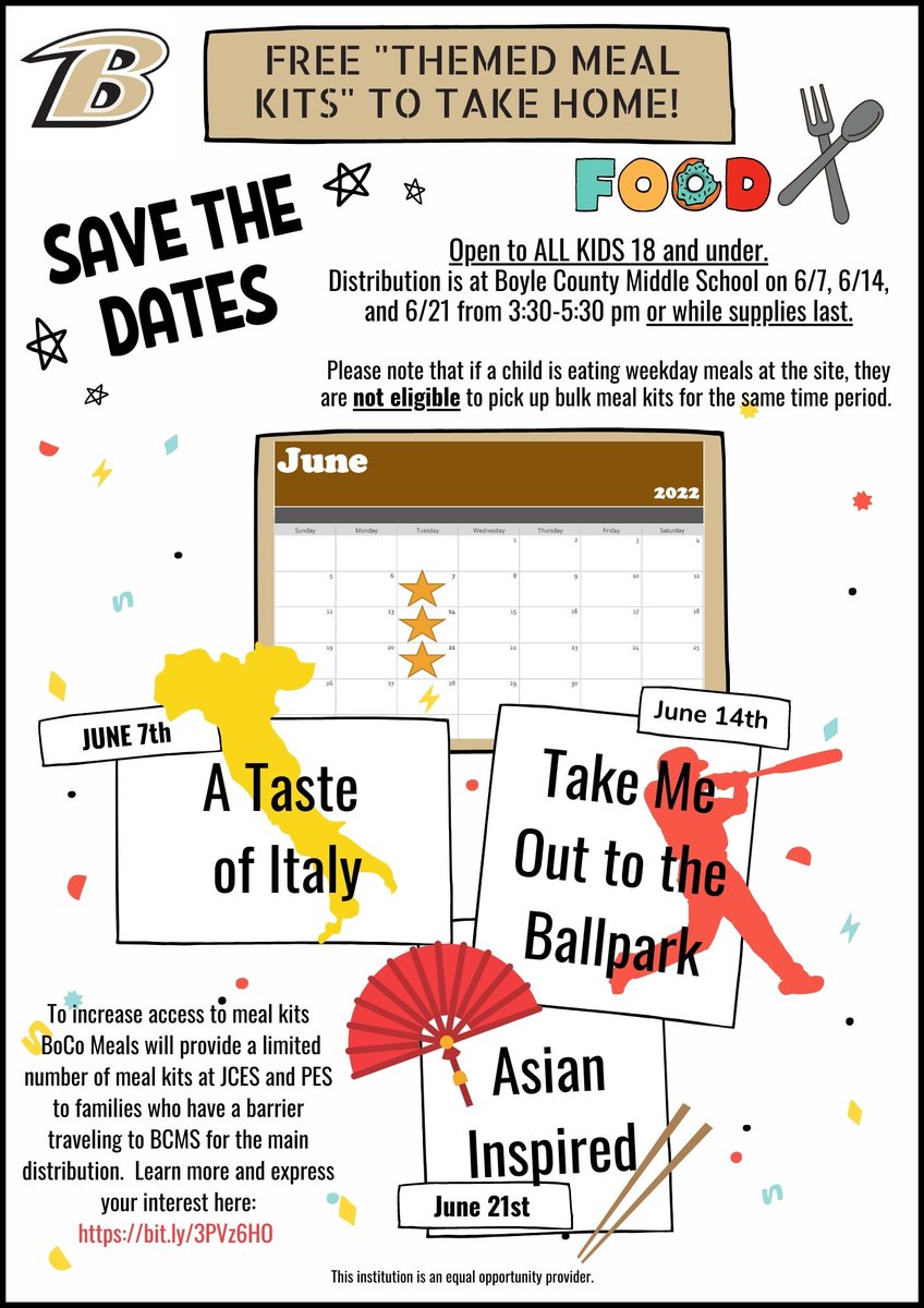 FREE weekly meal kits are back this summer! 

Bulk distribution is 6/7, 6/14 and 6/21 from 3:30-5:30 PM at BCMS. Note: Any student(s) eating weekday meals at the site is not eligible to pick up the bulk meals.

We look forward to serving you!