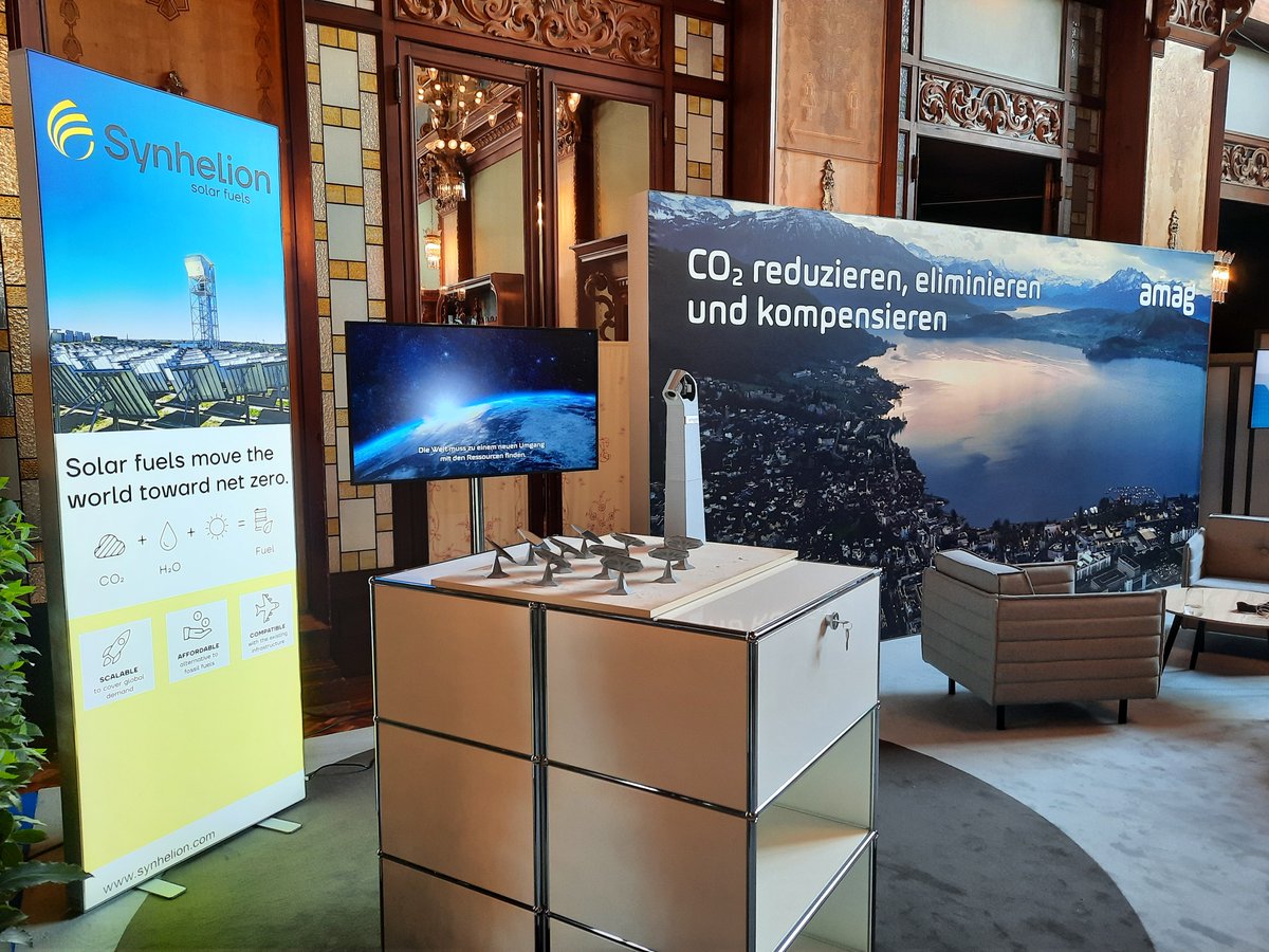 Synhelion's tweet photo. Sunny regards from the #SwissEconomicForum in Interlaken! ☀️ We are here today and tomorrow at the AMAG booth together with our friends from @Climeworks. Come meet us at the #SEF @AMAG_Media booth to discuss the future of mobility. #SolarFuels https://t.co/vdmyEy2Gq4