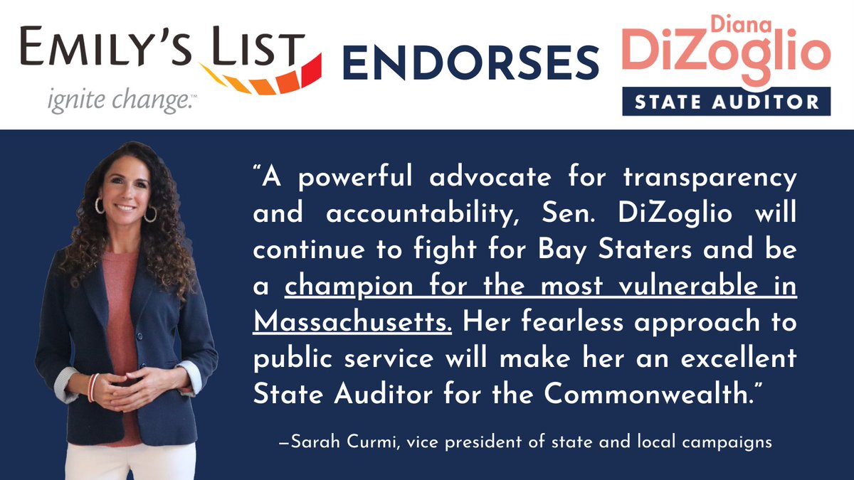 DianaDiZoglio's tweet photo. Now more than ever, we need determined women in statewide office who can push Massachusetts forward.

I'm honored to earn the endorsement of @emilyslist in pursuit of progressive change. I’ll continue to be the unwavering ally women need as their next State Auditor. #mapoli https://t.co/3CytAsiBL2