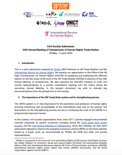 UNTBNet's tweet photo. In view of the 34th Annual Meeting of the @UNTreatyBodies Chairpersons this week, TB-Net and @ISHRglobal sent a joint submission highlighting the importance of the #UNTB system and key areas for its strengthening from a CSO perspective.
▶ https://t.co/gVFFDKxDwR https://t.co/hAELhgiV9q