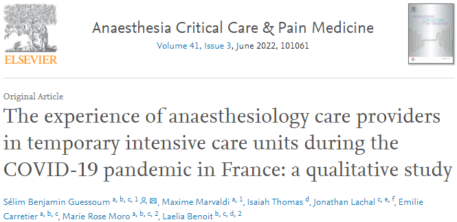 GuessoumSelim's tweet photo. Proud to share this new paper of #qualitativeresearch on #careproviders' experience of #ICU during #covid19 #pandemic (with @UP_Medecine, @YaleMed, @MaisondeSolenn &amp; @Cesp_Inserm) in @AccpmJ 
with @MarieRoseMoro @LaeliaBenoit @jonathanlachal 

https://t.co/3gzrd60XlK https://t.co/STH8tu5UiI
