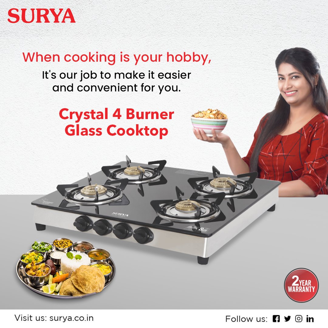 surya_roshni's tweet photo. Surya Crystal 4 Burner Glass Cooktop will make cooking much more convenient for you with its high-efficiency brass burner and spill-proof design drip tray for cleaning.
Visit us at - https://t.co/3h6wl4V3Ja

#Surya #SuryaAppliances #Cooktop #GlassCooktop #KitchenAppliances #India https://t.co/ylYdgFH2Rm