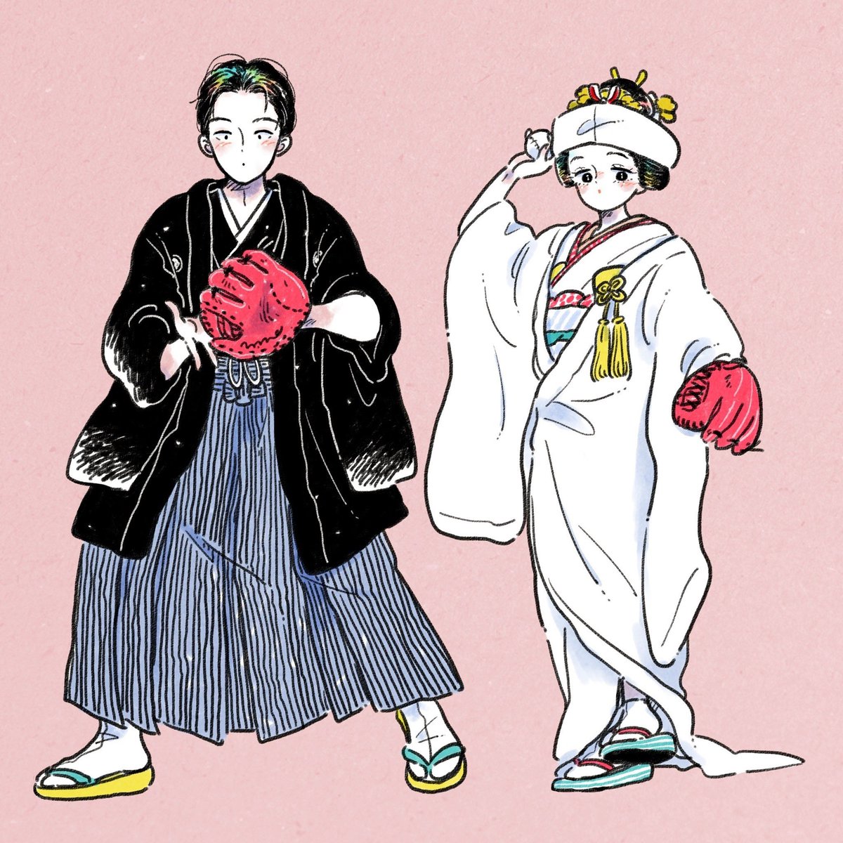 1girl japanese clothes 1boy kimono pink background black hair uchikake  illustration images