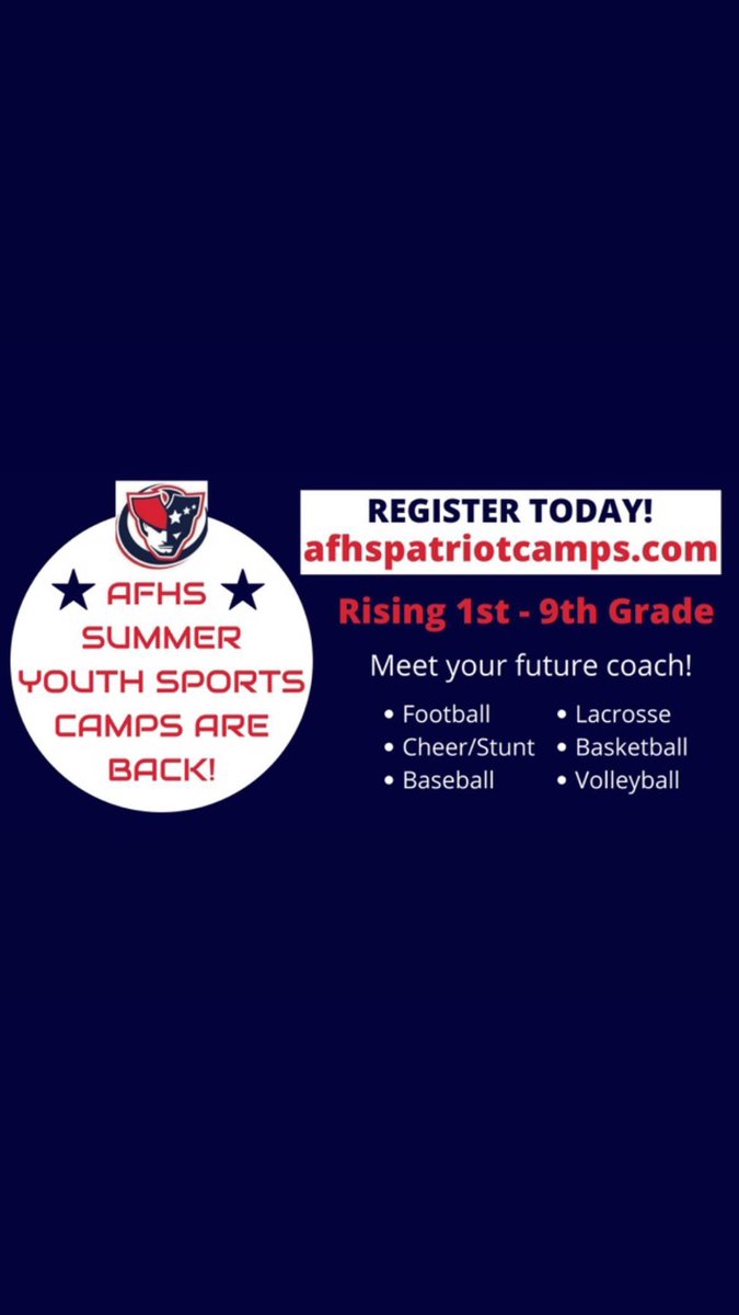 AFHS_Cheer's tweet image. We only have 9 spots left for our Cheer/Stunt summer youth camp! You don’t want to miss out on this great opportunity! afhspatriotscamps.com