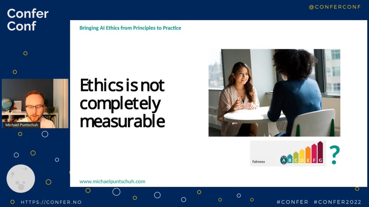 Great talk by <a href="/gloptimist/">Michael Puntschuh</a> about "How can we bring ethical principles into practice for #AI?" at <a href="/conferconf/">CONFER Conference</a>! Nice take aways!