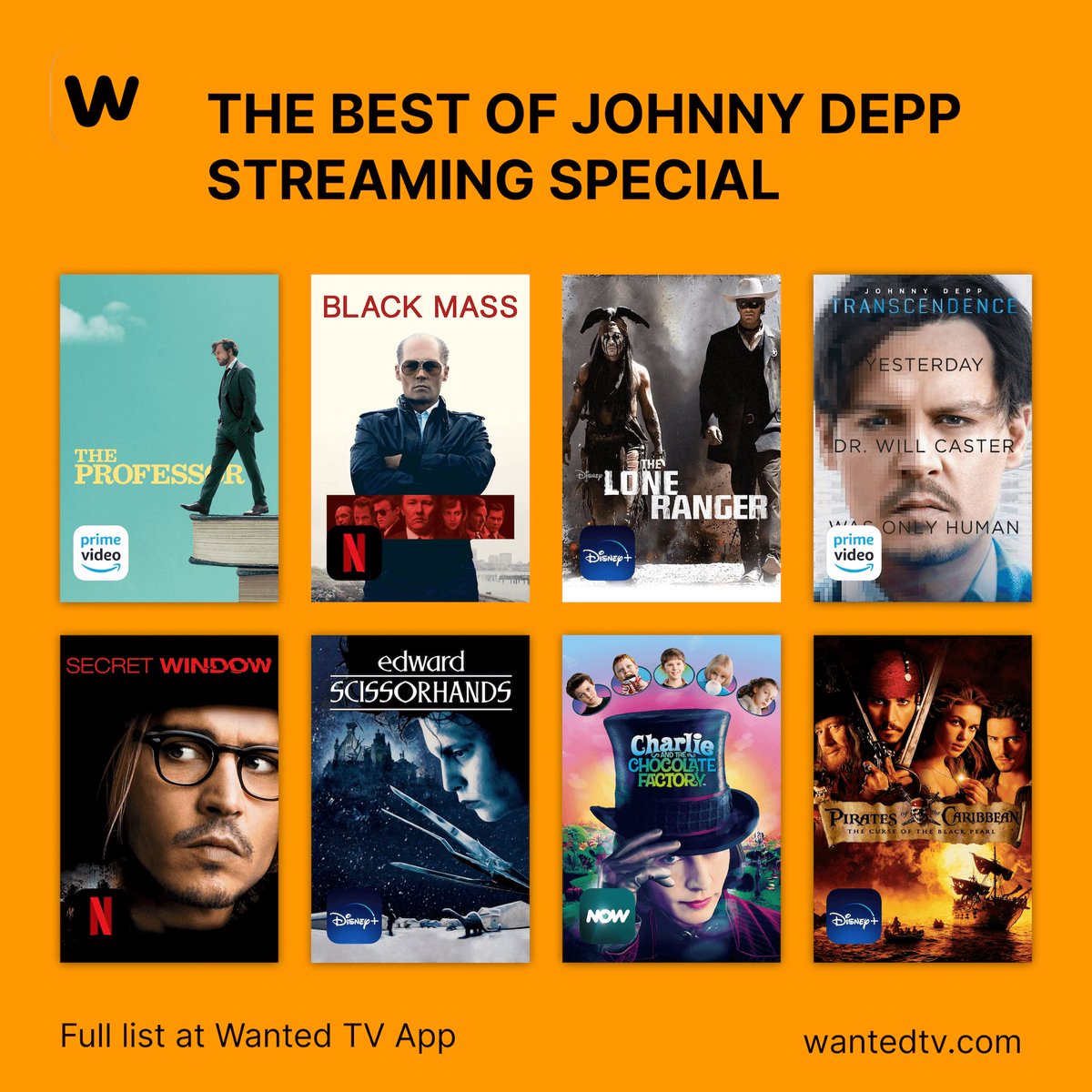 wantedtvapp's tweet photo. The best #johnnydepp movies you can stream today #netflix #disneyplus #primevideo #wantedtv https://t.co/upTkS6zlaM