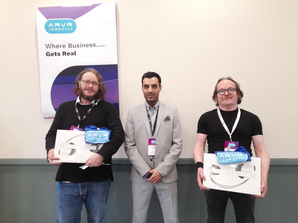 Memories from the conference: congratulations to the @PicoXR_Europe Pico Neo 3 Pro 6DOF VR headset winners Gareth Young from @VSENSE_TCD and Mark Cullen from @ThePixelRogue receiving their headsets from Rikesh Raja, Commercial Director.