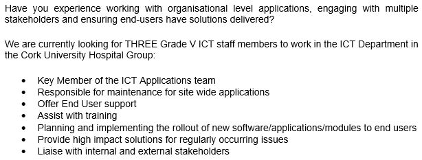 CUH_ICT (@cuhict) on Twitter photo There are exciting opportunities to become part of the CUH ICT team, THREE positions of Grade V, ICT Applications Support have been advertised at hse.ie/eng/staff/jobs… For full details check out the link! or click the image here for a brief job description. #Jobfairy <a href="/CUH_Cork/">Cork University Hospitals</a> There are exciting opportunities to become part of the CUH ICT team, THREE positions of Grade V, ICT Applications Support have been advertised at hse.ie/eng/staff/jobs… For full details check out the link! or click the image here for a brief job description. #Jobfairy <a href="/CUH_Cork/">Cork University Hospitals</a>