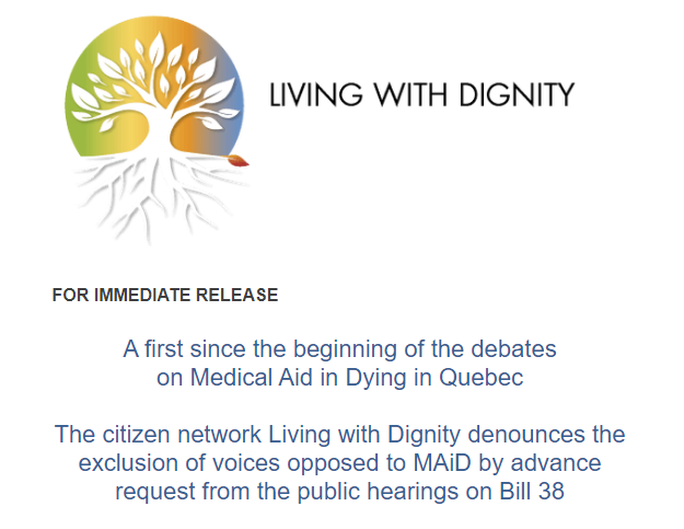 Vivredignite's tweet photo. #PressRelease #Bill38 A first since the beginning of the debates on #MedicalAidinDying in Quebec
The citizen network Living with Dignity denounces the exclusion of voices opposed to #MAiD by advance request from the public hearings on Bill 38
https://t.co/z5wSM29A4m #qcpoli #PL38 https://t.co/RRmnMGuw8j