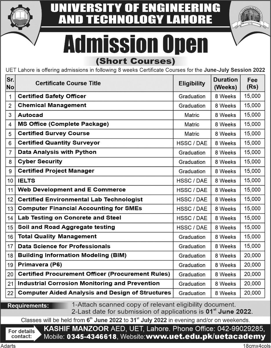Admission Open for Short Courses in University of Engineering and Technology Lahore