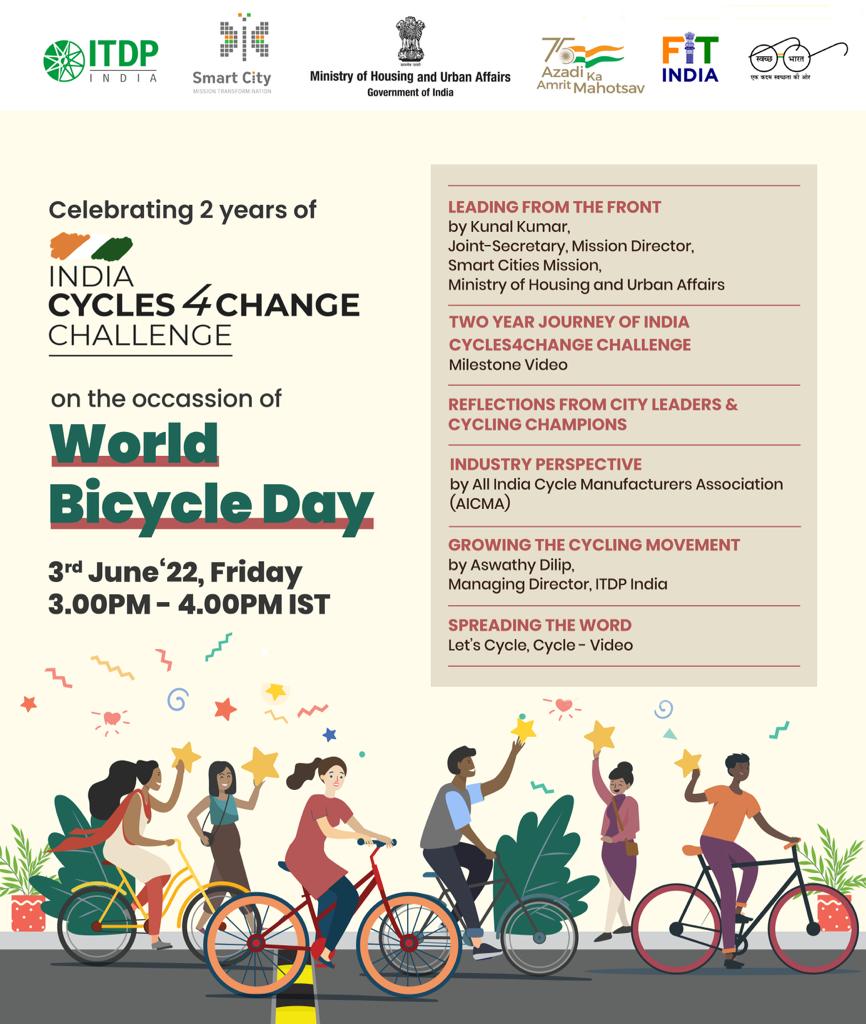 SmartCities_HUA's tweet photo. Let’s celebrate 2 years of the India #Cycles4Change Challenge! 

Dear cities,
Join us for the World Bicycle Day &amp; Two Years of India Cycles4Change Challenge Celebration on 3rd June

#SmartCities #SmartCitiesIndia #SmartCitiesMission #Cycle4ChangeChallenge #StreetsForAll https://t.co/pCPYvXIYUx
