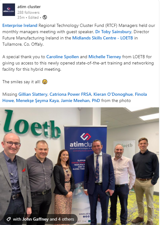 LOETBenterprise's tweet photo. . @CaitMordan @atimcluster, fellow @Entirl RTCF managers &amp; Dr Toby Sainsbury, Director of Future Manufacturing Ireland meeting at our newly opened Enterprise Hub, part of the @LOETBenterprise Tullamore Campus
#FutureSkills #Upskill #Reskill @ThisisFet #sustainability #SDGs #sdg4 https://t.co/g8xKedGYCL