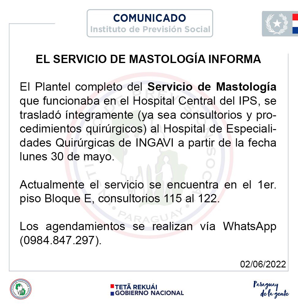 IPSParaguay's tweet photo. EL SERVICIO DE MASTOLOGIA INFORMA https://t.co/Cncn41vpEn