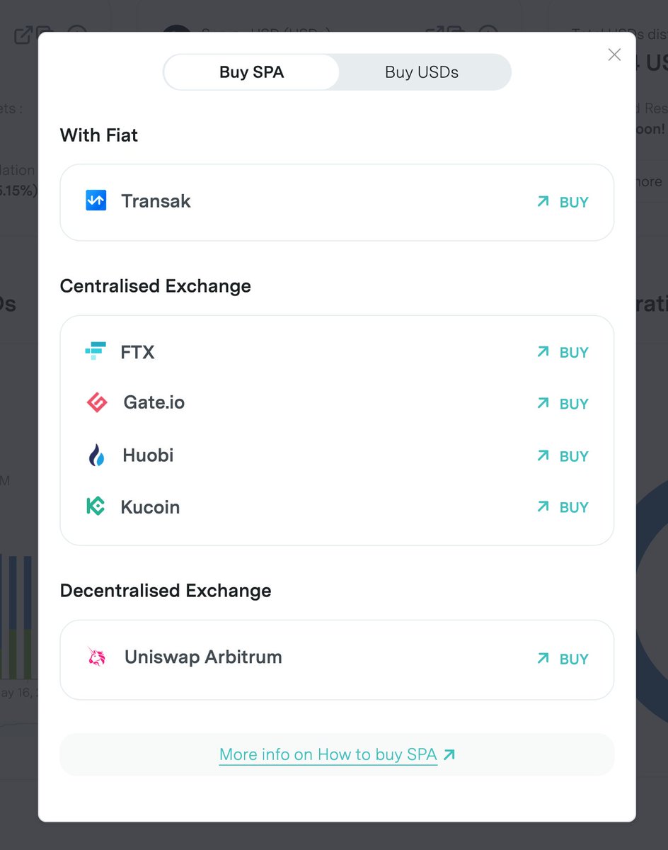 SperaxUSD's tweet photo. 6/6 Buy $SPA / $USDs

Directly on the Sperax site, users can acquire $SPA / $USDs in all popular methods, no more excuses, earn 11% Auto-yield today! 

Fiat: @transak_ (Monday) @Streetbeat_com 
CEX: @FTX_Official @gate_io @kucoincom @HuobiGlobal 
DEX: @Uniswap @saddlefinance https://t.co/dhOZWVWrNH