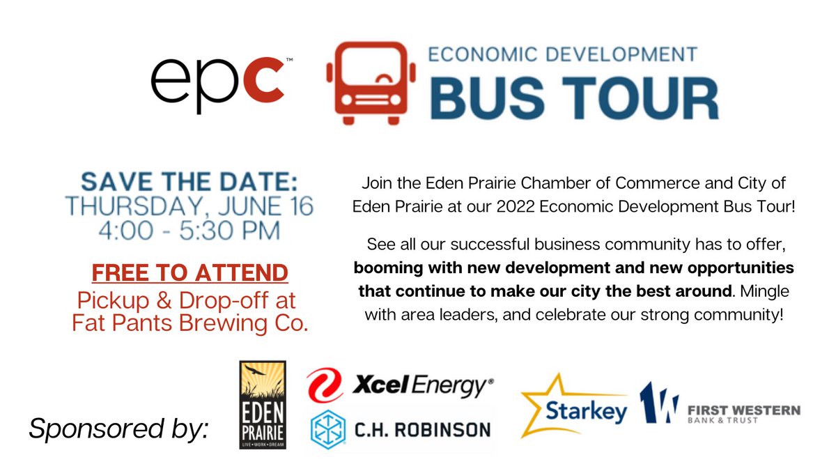 Eden Prairie Chamber (@epchamber) on Twitter photo FREE OPPORTUNITY! Join us & <a href="/CityofEP/">City of Eden Prairie</a> at our 2022 Economic Development Bus Tour--
See all our successful business community offers, booming with new development & opportunities continuing to make our city the best around. Mingle w/ area leaders & celebrate our strong community! FREE OPPORTUNITY! Join us & <a href="/CityofEP/">City of Eden Prairie</a> at our 2022 Economic Development Bus Tour--
See all our successful business community offers, booming with new development & opportunities continuing to make our city the best around. Mingle w/ area leaders & celebrate our strong community!