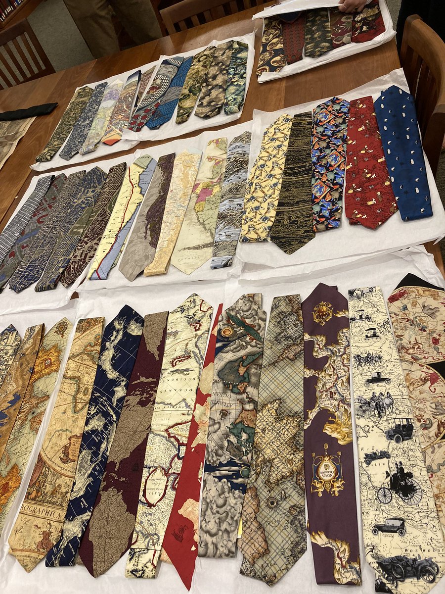 mhedney's tweet image. The late, great Bert Johnson’s collection of map ties, now donated to the Osher map library