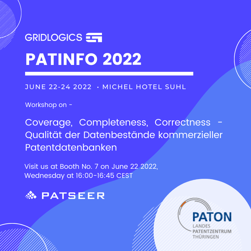 gridlogics's tweet photo. We are excited to be part of the #PATINFO 2022, 22 - 24 June 2022. Join us for a workshop on June 22 2022, Wednesday at 16:00- 16:45 CEST on ‘Coverage, Completeness, Correctness - Qualität der Datenbestände kommerzieller Patentdatenbanken'.
#patent #ilemanu #intellectualproperty https://t.co/f78jsHW3Xl
