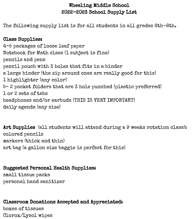 WmsBoosters's tweet photo. Check out the 2022-2023 Supply List for Wheeling Middle School!!!
#TogetherWeAchieve https://t.co/gb8578MGej