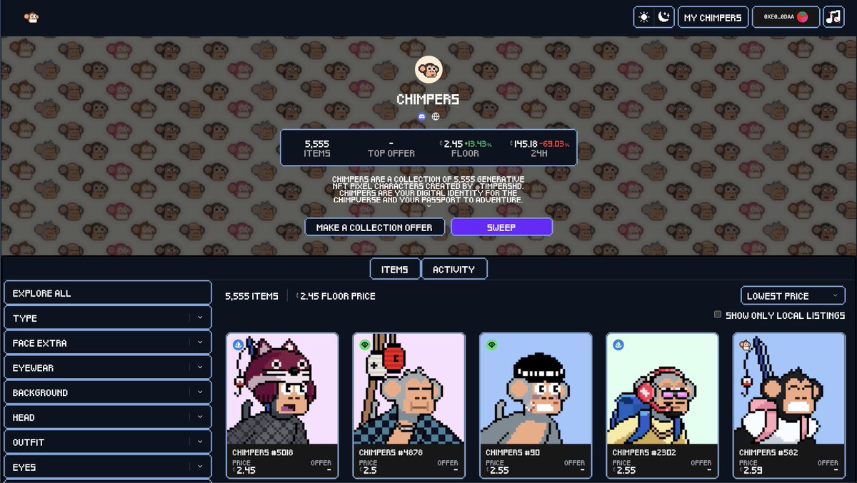ChimpersHQ's tweet photo. We are so thrilled to continue building with you all and delivering on feedback, with that we have built a light and dark toggle for when browsing the Chimp marketplace! Are you a light, or dark side Chimp?

Can we get a !CHIMP 🙉‼️⭐️👾

https://t.co/iJRyTzECuQ https://t.co/PZ4PZfIXXe