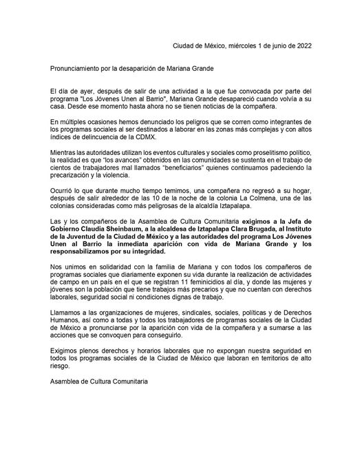 #URGENTE 
Asamblea de Cultura Comunitaria exige aparición de #MarianaGrande, labora en el <a href="/InjuveCDMX/">INJUVE CIUDAD DE MÉXICO</a> y el programa #BarrioAdentro, desapareció tras un evento con la jefa de <a href="/GobCDMX/">Gobierno de la Ciudad de México</a> <a href="/ClaudiaShein/">Claudia Sheinbaum Pardo</a> en #Iztapalapa 
¿Y las garantías de seguridad para integrantes de estos programas?