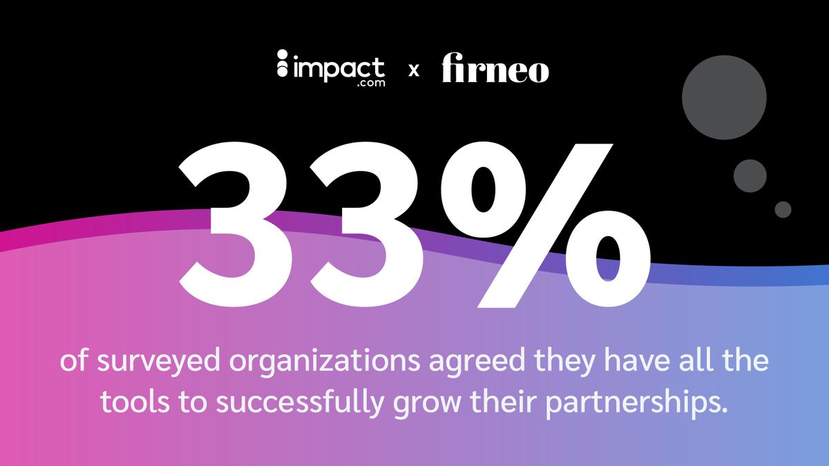 impactdotcom's tweet image. Not a part of the 33% of organizations with access to all the tools needed to run a successful partnerships program? Take in this report on how you can gain productivity, move on from spreadsheets (and more) right here 👉 impact.st/Amxg50Jo09H #CreatePartnerships