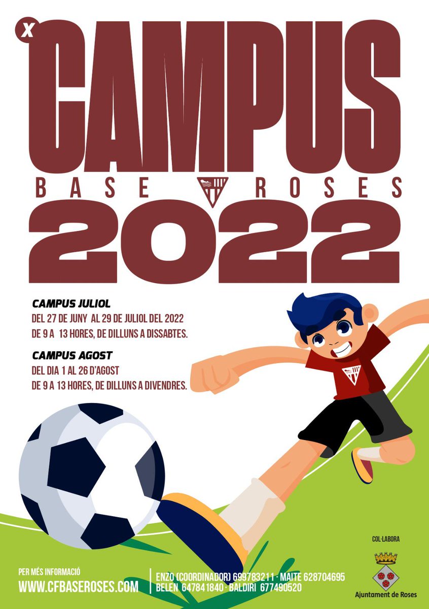⚽ [CLUB] Apunteu-vos al Campus Base Roses 2022!

📅 Del 27/06 al 29/07, de dilluns a dissabtes (9-13h)
📅 De l'1 al 26/08, de dilluns a divendres (9-13h)

📞 Enzo 699 783 211
📞 Maite 628 704 695
📞 Belen 647 841 840
📞 Baldiri 677 490 520

#somdelbase #somelquevolemser