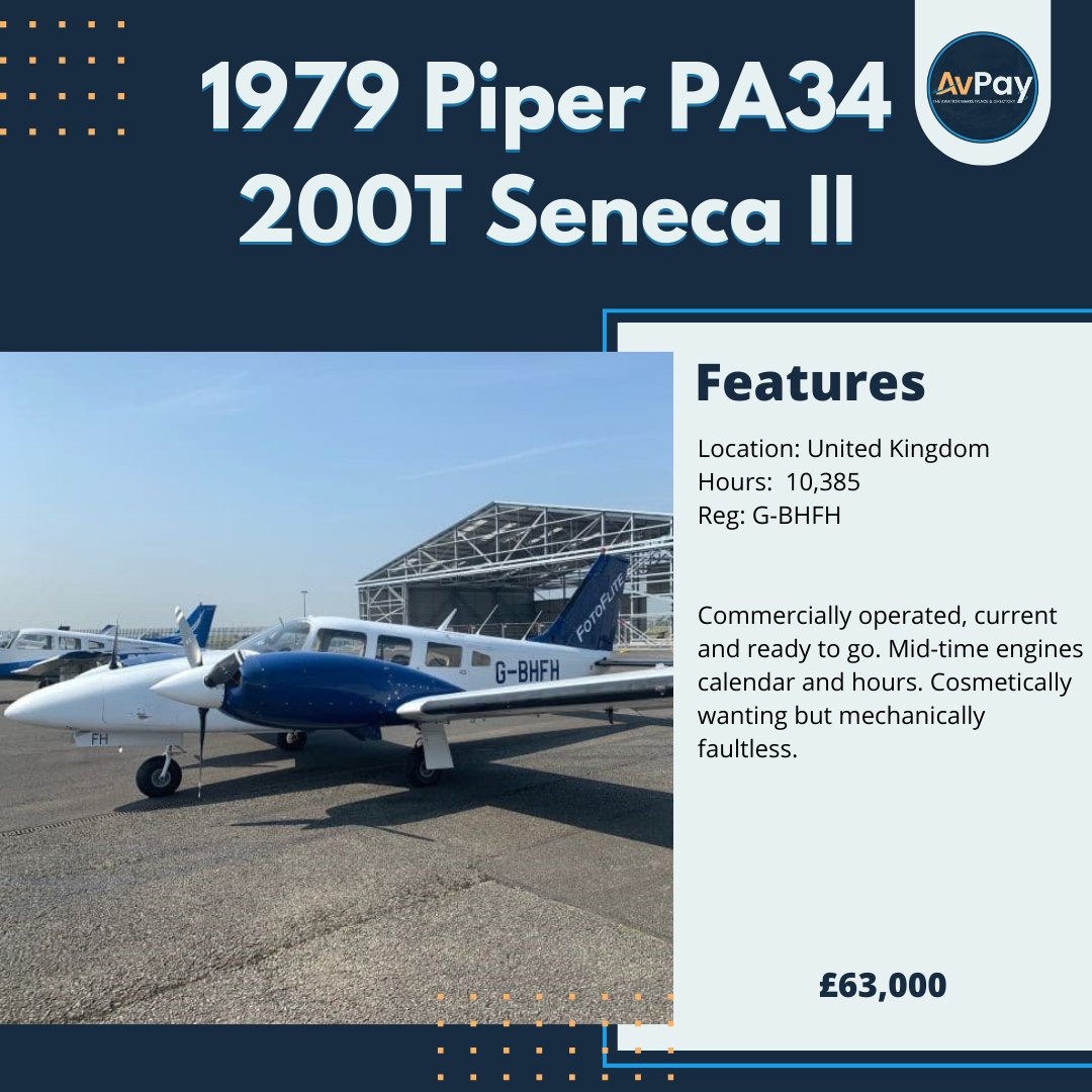 Full details at avpay.aero/company/europl…

#piperseneca #piperaircraft #seneca #pilotlife #airplane #aircraftsales #aircraftforsale #avpay #aircraft #pilots