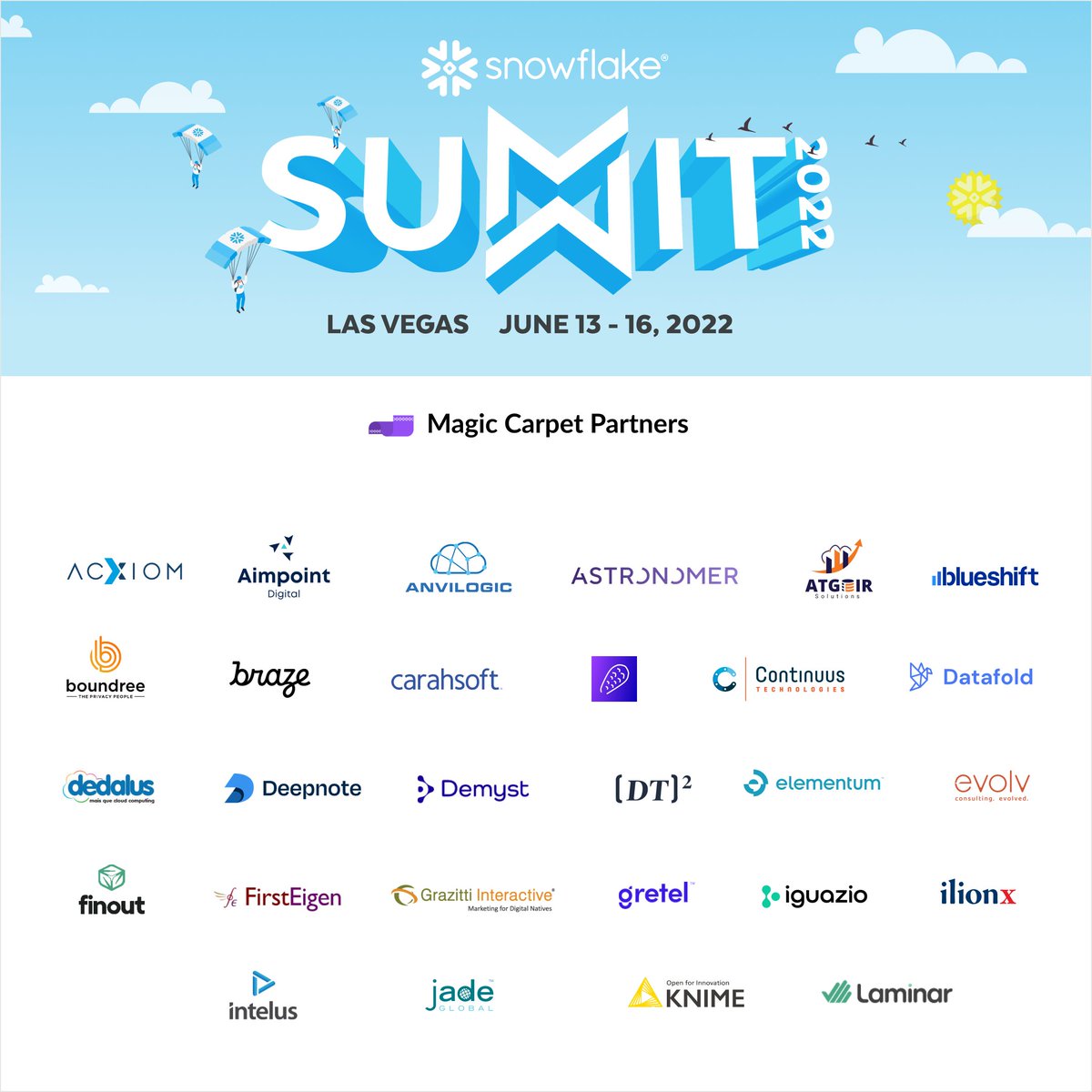 Snowflake's tweet photo. We look forward to seeing our Magic Carpet partners at #SnowflakeSummit. Thank you for your support!

https://t.co/OeH5luHEXz https://t.co/tbM2v7xyCY
