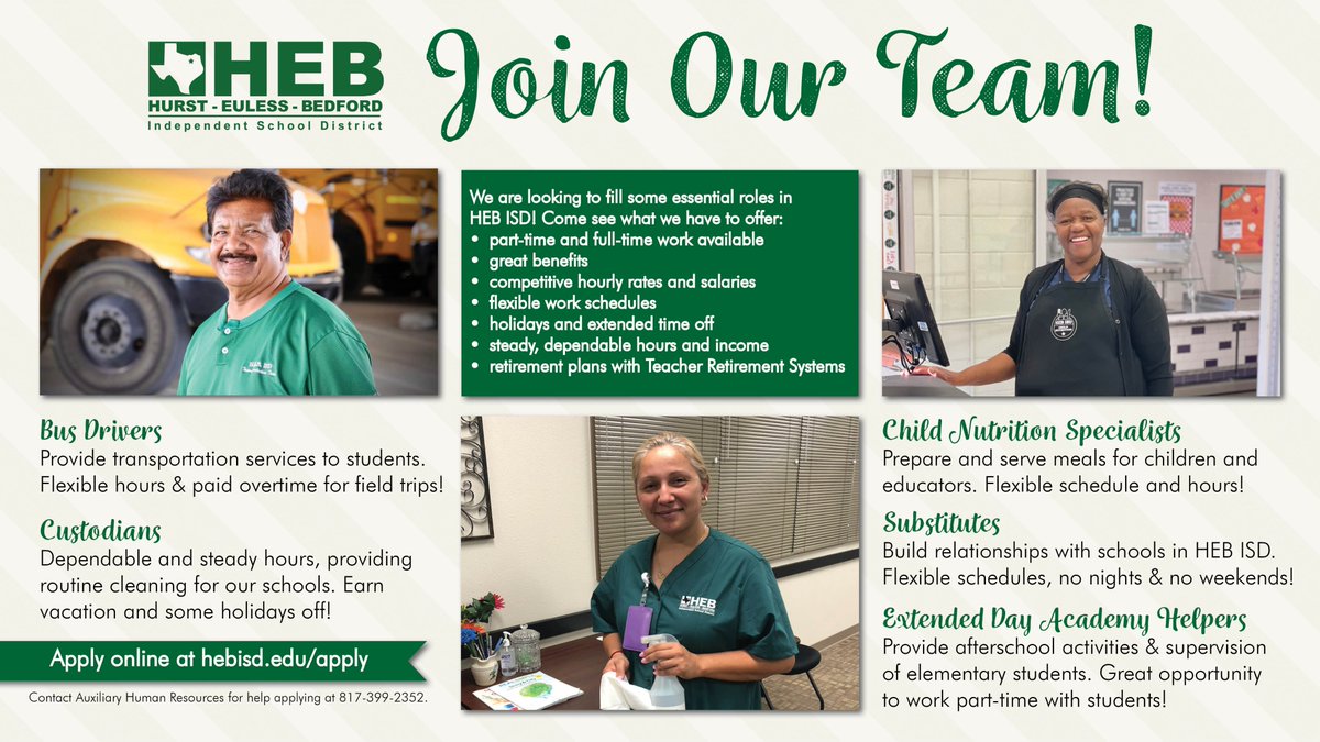 hebisd's tweet photo. Join the HEB ISD team! We are hiring for next school year, including bus drivers, custodians, child nutrition specialists, substitutes, extended day academy helpers, and more! View these flyers for information, and apply online at https://t.co/kgLxUqLTKT https://t.co/VOguibjzCj