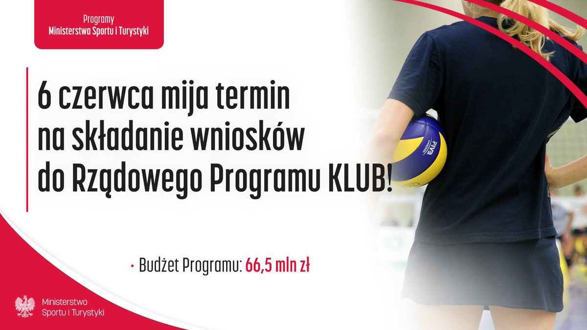 mazowieckizpn's tweet photo. 🔔UWAGA‼️
  
🔸Tylko do 6 czerwca można składać wnioski w ramach tegorocznej edycji Rządowego Programu KLUB.
  
🔸Ministerialny budżet programu w 2022r. jest rekordowy i wynosi 66,5 miliona złotych‼️🔝 
  
🔸Szczegóły na👉 https://t.co/brJiVKz3nA
     
🔸 #ProgramKlub | #mzpn https://t.co/m8sO2XIr1G