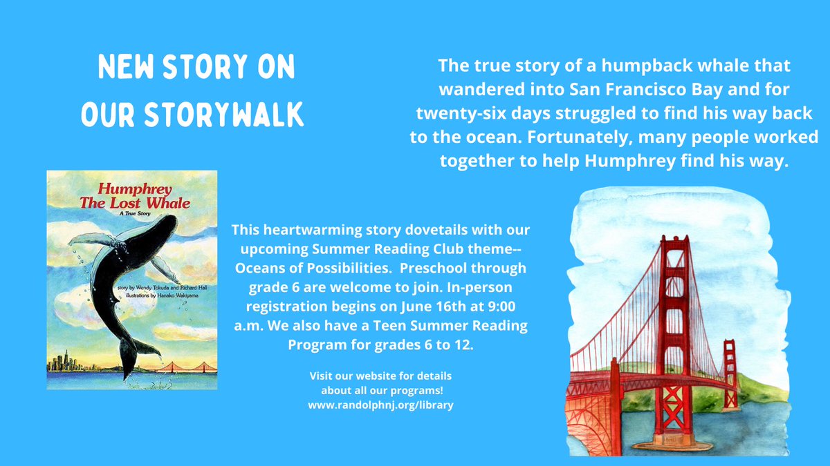 ranlibnj's tweet photo. #storywalk #humphreythewhale #randolphlibrary #humphreythelostwhale #read #reading #libraryfun https://t.co/YarDvhiIau