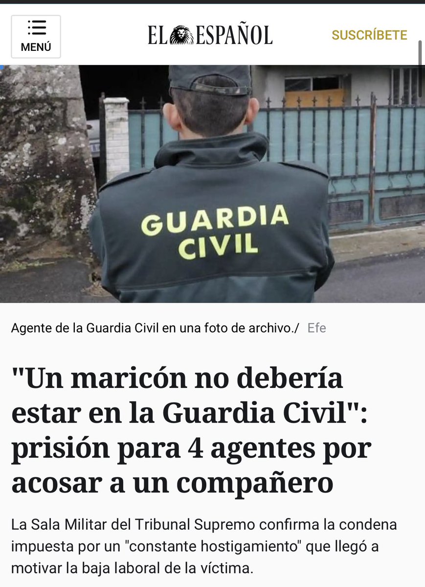 Condenados a 10 meses de cárcel 4 guardias civiles por acoso homófobo a un compañero. Le llamaban “maripili”,“la mujer del puesto”,“fresita” y decían “que un maricón no debía estar en la guardia civil”. Un “constante hostigamiento y humillación”  durante 4 años según la sentencia