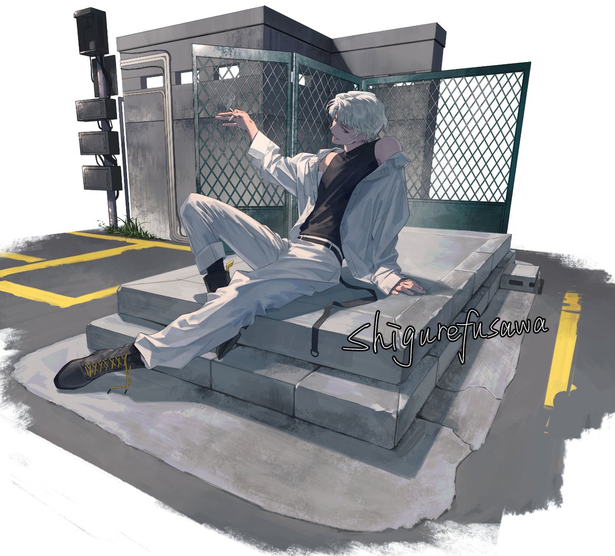 1boy sitting male focus solo jacket fence pants  illustration images