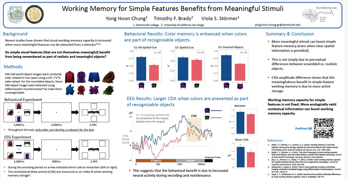My first in-person VSS was a lot of fun! If you missed my poster in person, I'm presenting it again at V-VSS now! Come by to hear about how feature working memory can benefit from meaningful stimuli! #VSS2022