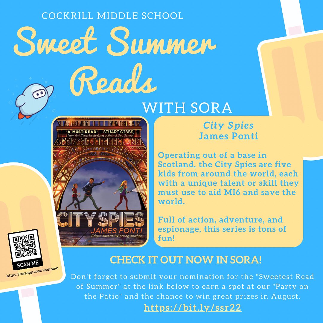 Check out these "sweet" reads for summer from our digital library, Sora!
☀️
Be sure to nominate your favorite reads  for the "Sweetest Read of Summer" list at this link: bit.ly/ssr22.
☀️
#cmsreads #sweetsummerreads #cmsstickstogether #mymisdreads <a href="/CockrillCowboys/">Cockrill Middle School</a>