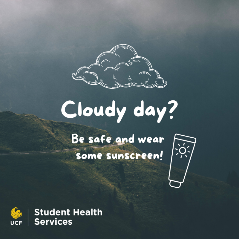 UCFHealthCenter's tweet photo. Did you know that UV rays can still reach you on cloudy and cool days? They can also reflect off of surfaces like water, cement, sand, and snow.

Make sure to protect yourself from the sun by wearing and reapplying sunscreen that has an SPF of 15 or higher! #ShieldYourself https://t.co/JkhCjN6Ozi