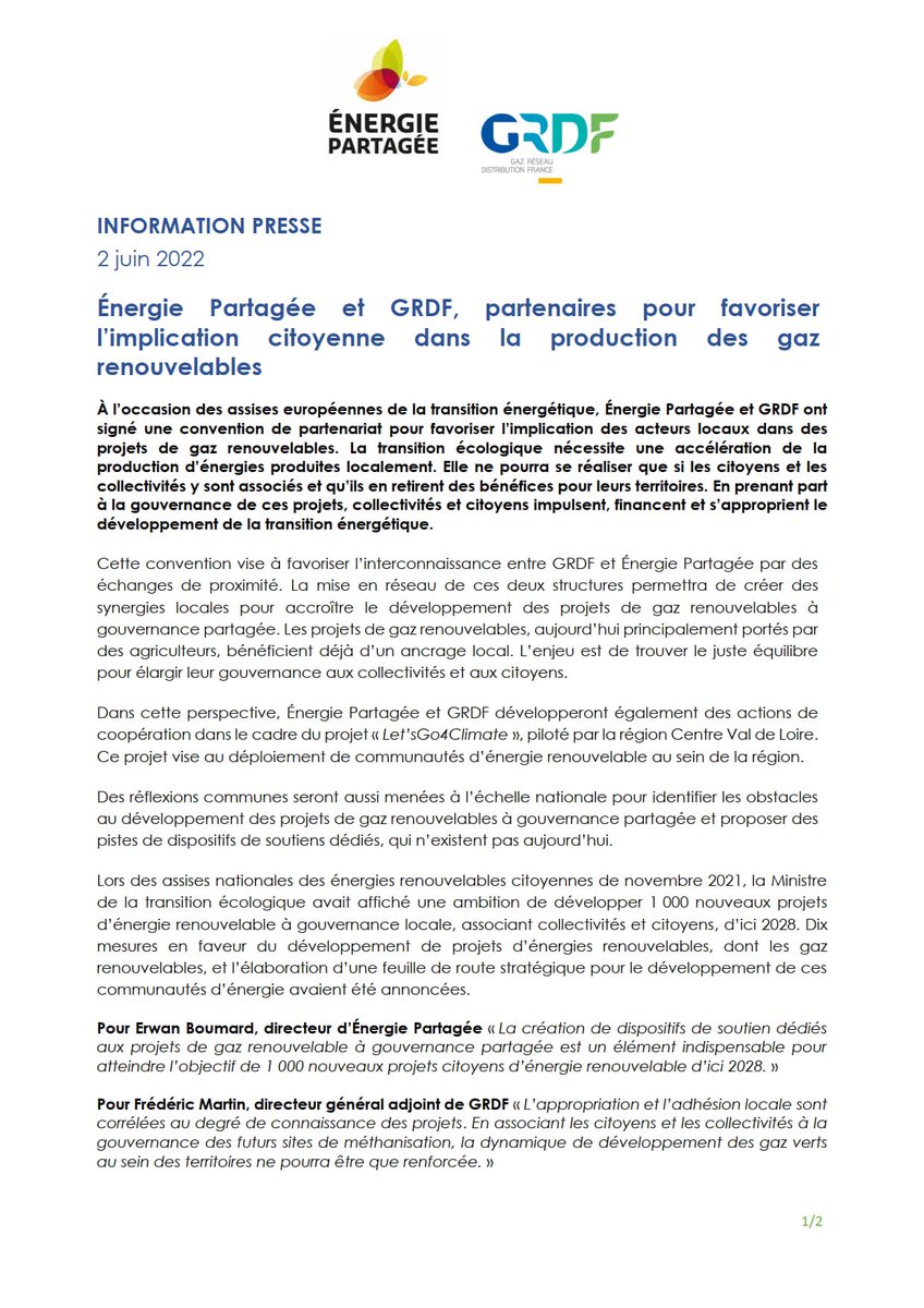 🗞 #Infopresse 
Dans le cadre des #AssisesTE, @EnergiePartagee et #GRDF ont signé une convention de partenariat visant à favoriser l’implication des acteurs locaux dans des projets de #GazRenouvelables.
➡️ bit.ly/3am5gfm
#EnR #Territoires #Energie #TransitionEcologique