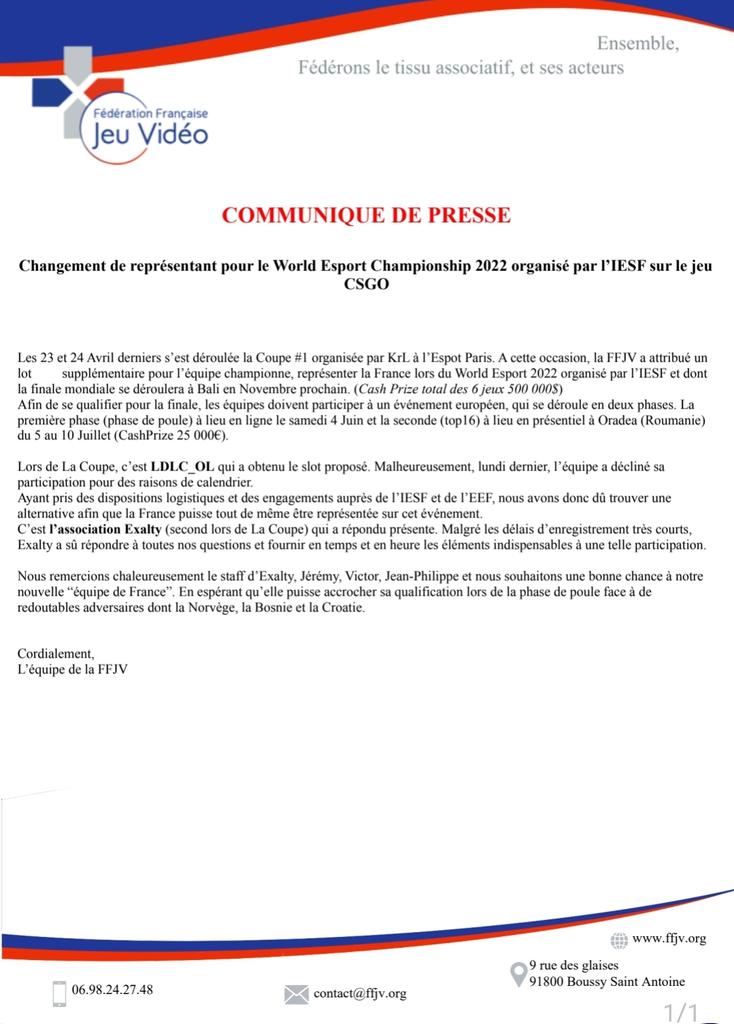 ffjv_officiel's tweet image. ⚠️Communiqué de Presse⚠️
Au sujet de l&apos;équipe #CSGO @LDLC_OL nous avons avons dû prendre l&apos;initiative de choisir une autre équipe suite au désistement de ce dernier pour @IeSF_Master et @esportsineurope 
Félicitation à @Exalty_FR qui représentera la France dans cette compétition.